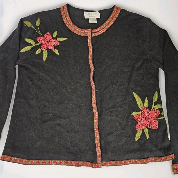 Silk Club Black Silk Cardigan Beaded Embroidered Holiday Sweater Petite Medium - Picture 2 of 7